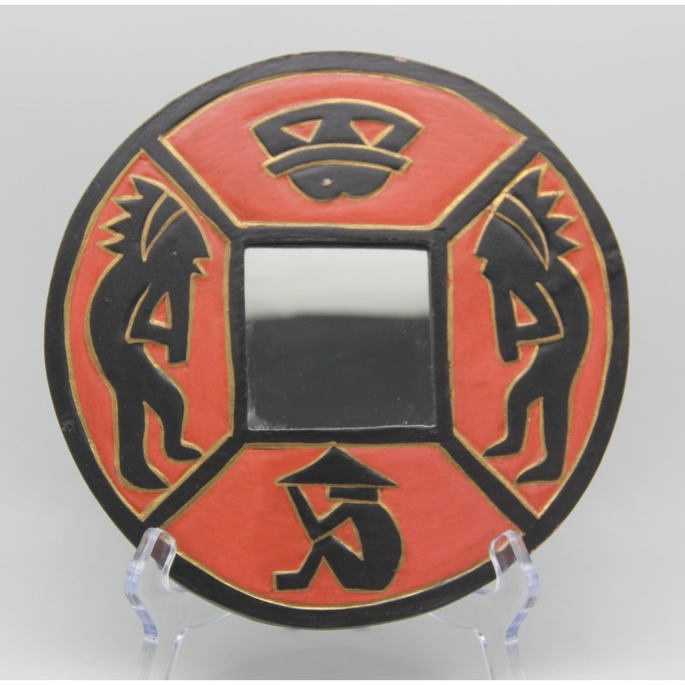 Vintage 90's Red Kokopelli Wall Mirror Boho Decor Hand Painted Indonesia 7.5"